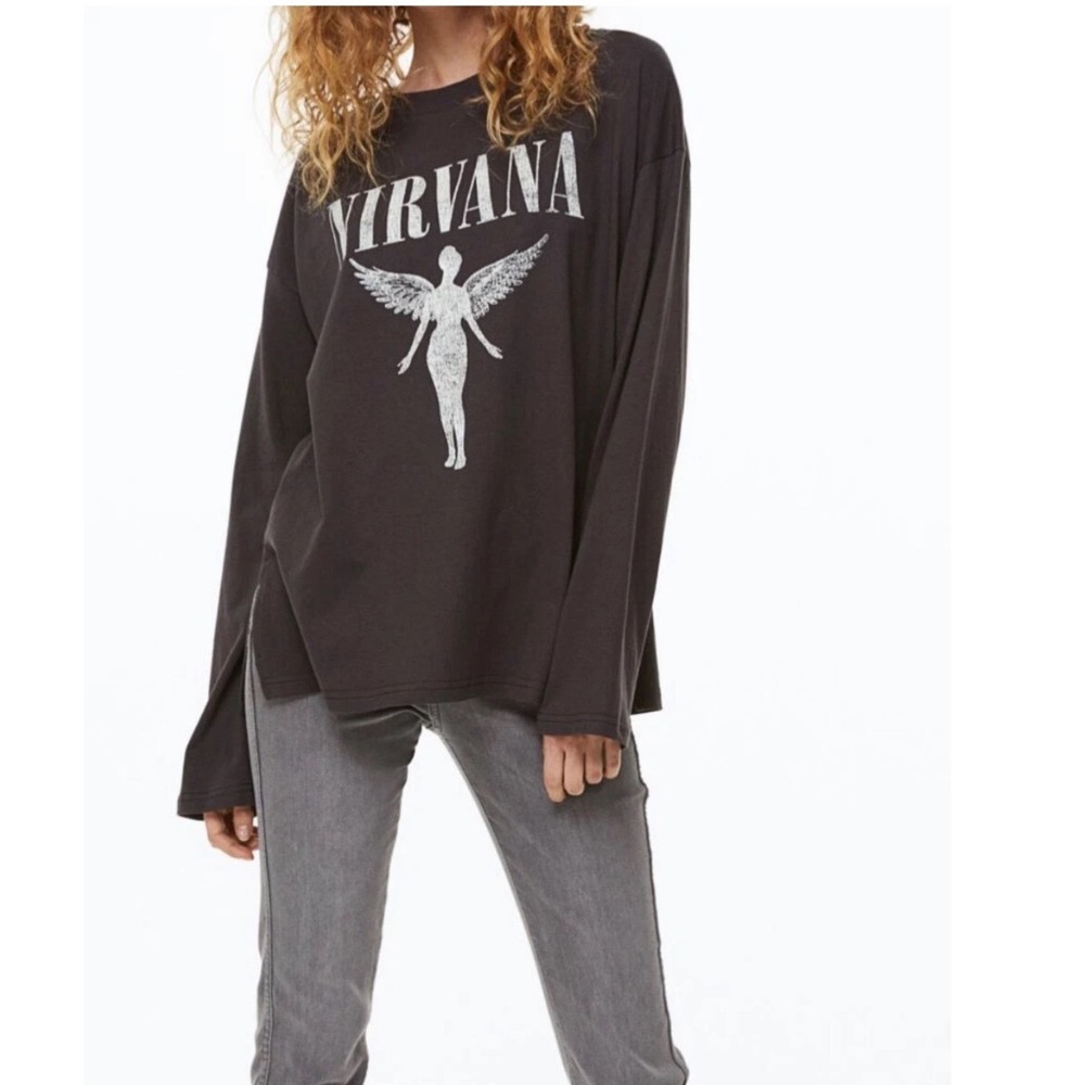 HM Nirvana‎ In Utero Long Sleeve Graphic Tee Charcoal Grey Women Medium 2023